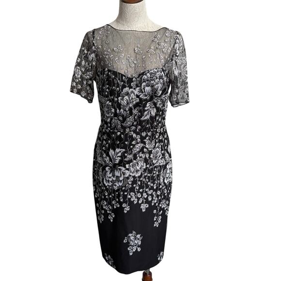 Badgley Mischka floral unconventional lace sheath dress 14 mother of bride LBD - Picture 2 of 14